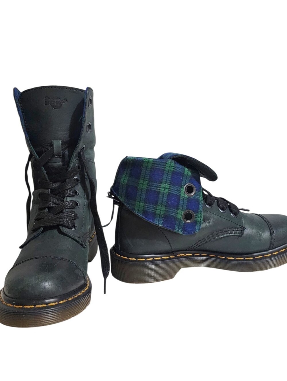Dr Martens 1914 Triumph Aimilie 8 RARE Green Leather Tartan Plaid Fold Over Cuff